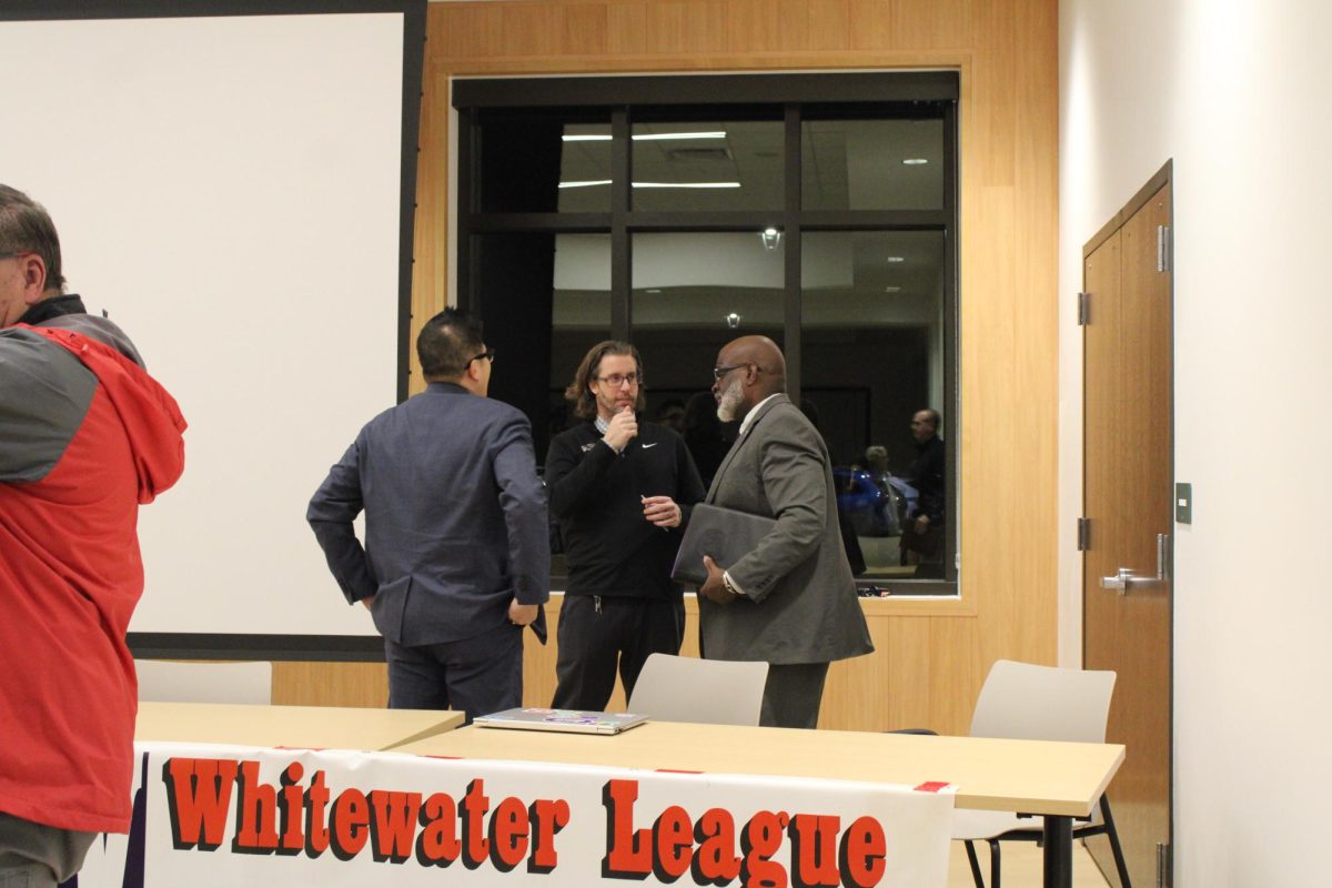 City Manager John Weidl, University of Wisconsin-Whitewater Chancellor Corey King and Whitewater Unified School District Superintendent Samuel Karns speak following the event.  