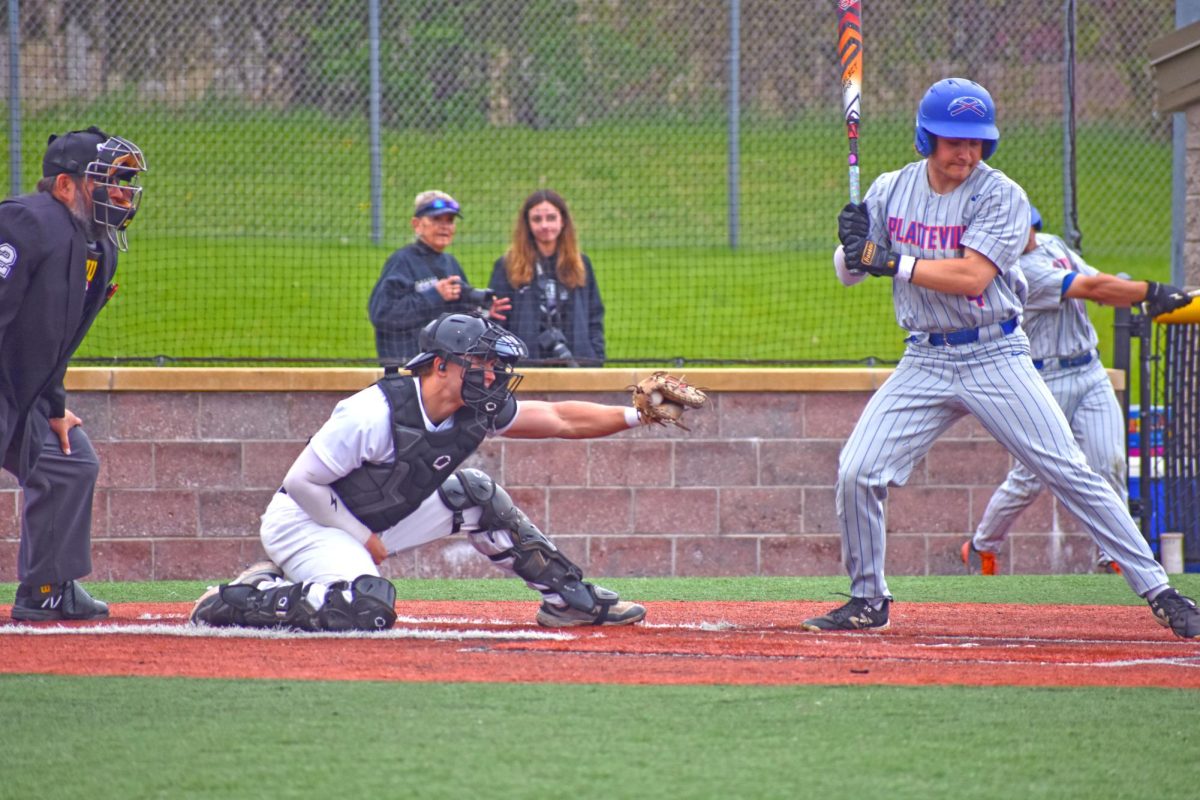 The UW-Whitewater Warhawk sophomore catcher Aaron Holland catches a pitch against UW-Platteville, May 2, 2025 at Prucha Field. 
