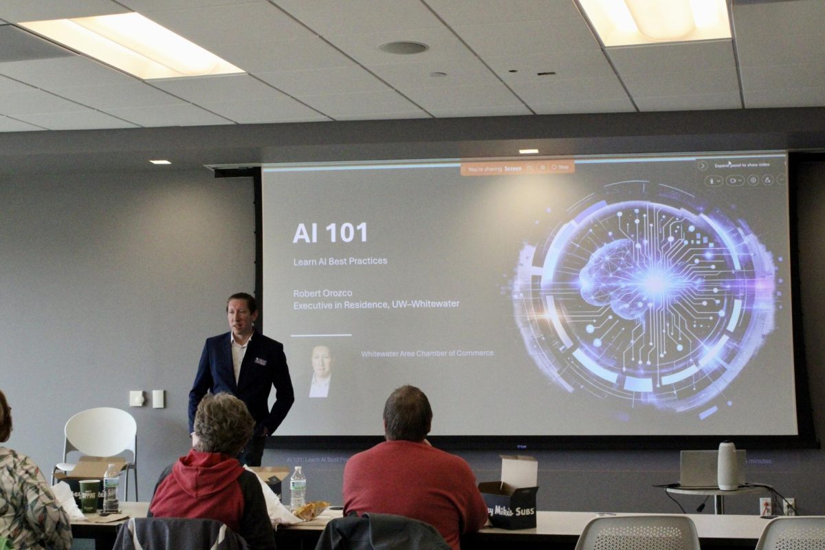 Robert Orozco speaks at “AI 101” at the Whitewater Innovation Center March 4, highlighting ways local businesses, educators and leaders can use artificial intelligence.