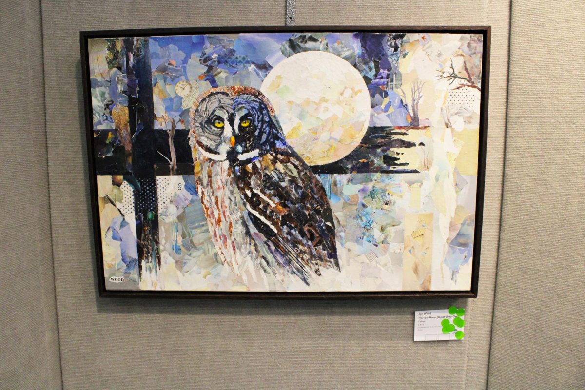 “Harvest Moon (Great Grey Owl),” a collage art work by Jon Wood, is displayed in the Whitewater Arts Alliance gallery during the “Artrageous Birds Juried Exhibition” March 5-28, 2026.