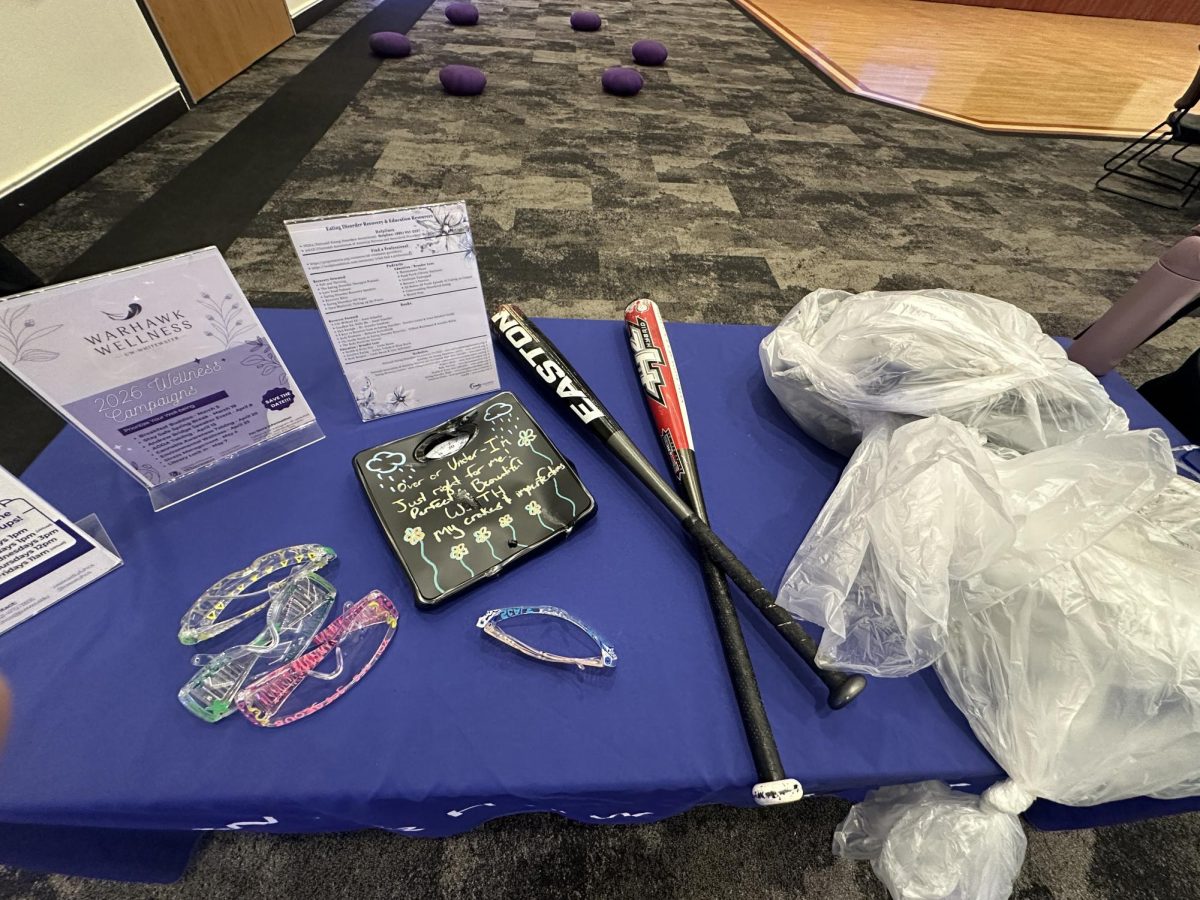 Baseball bats prepared by staff at the ready to smash the scales at the Scale Smash Feb. 26 in the Hamilton Room.