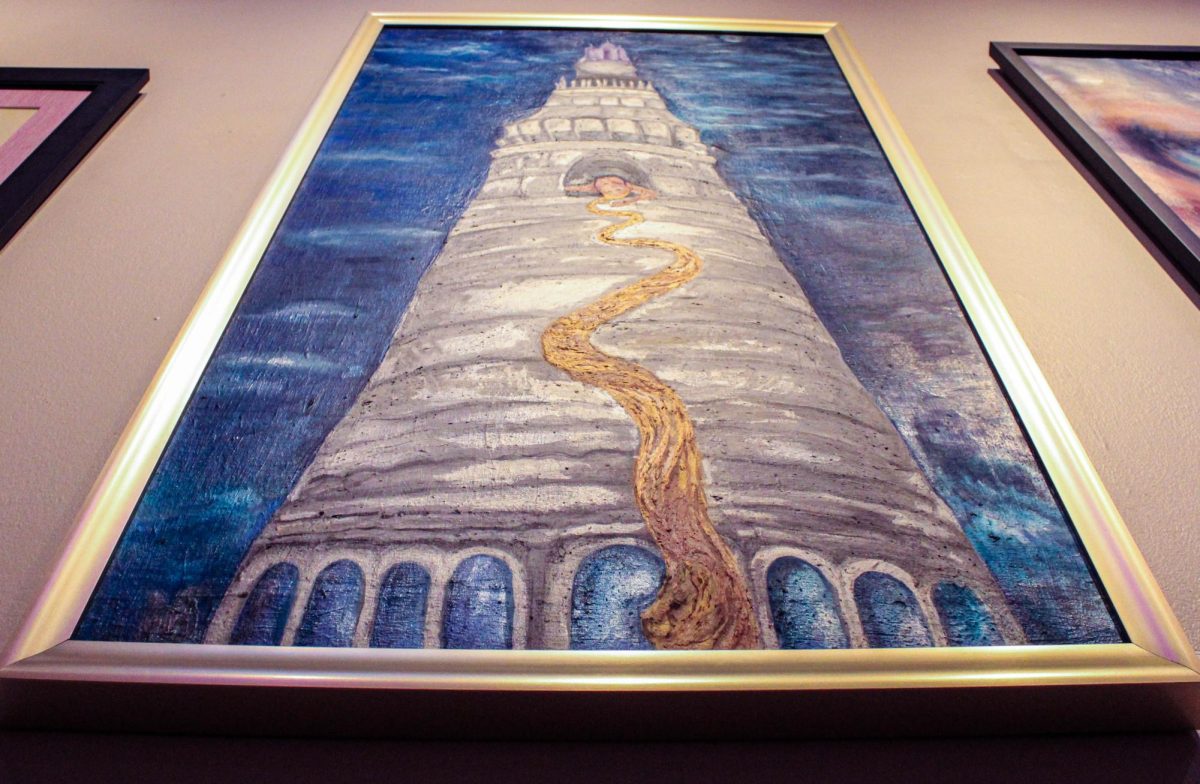 “Repunzula-people of the Heavens,” an oil painting by artist Barbara E. Barry, on display at the “ERAS” exhibit in the Roberta’s Art Gallery on March 20, 2026.