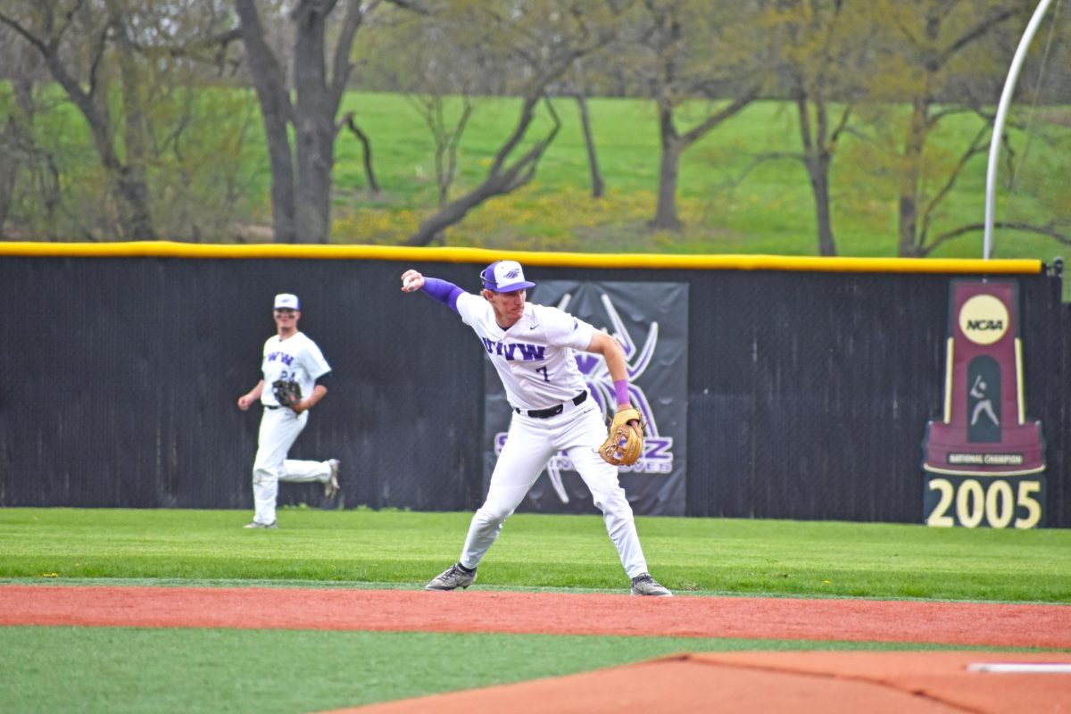  The UW-Whitewater Baseball Warhawk junior infielder Andy Thies throws a quick grounder to first base against UW-Platteville, May 2, 2025 at Prucha Field. 