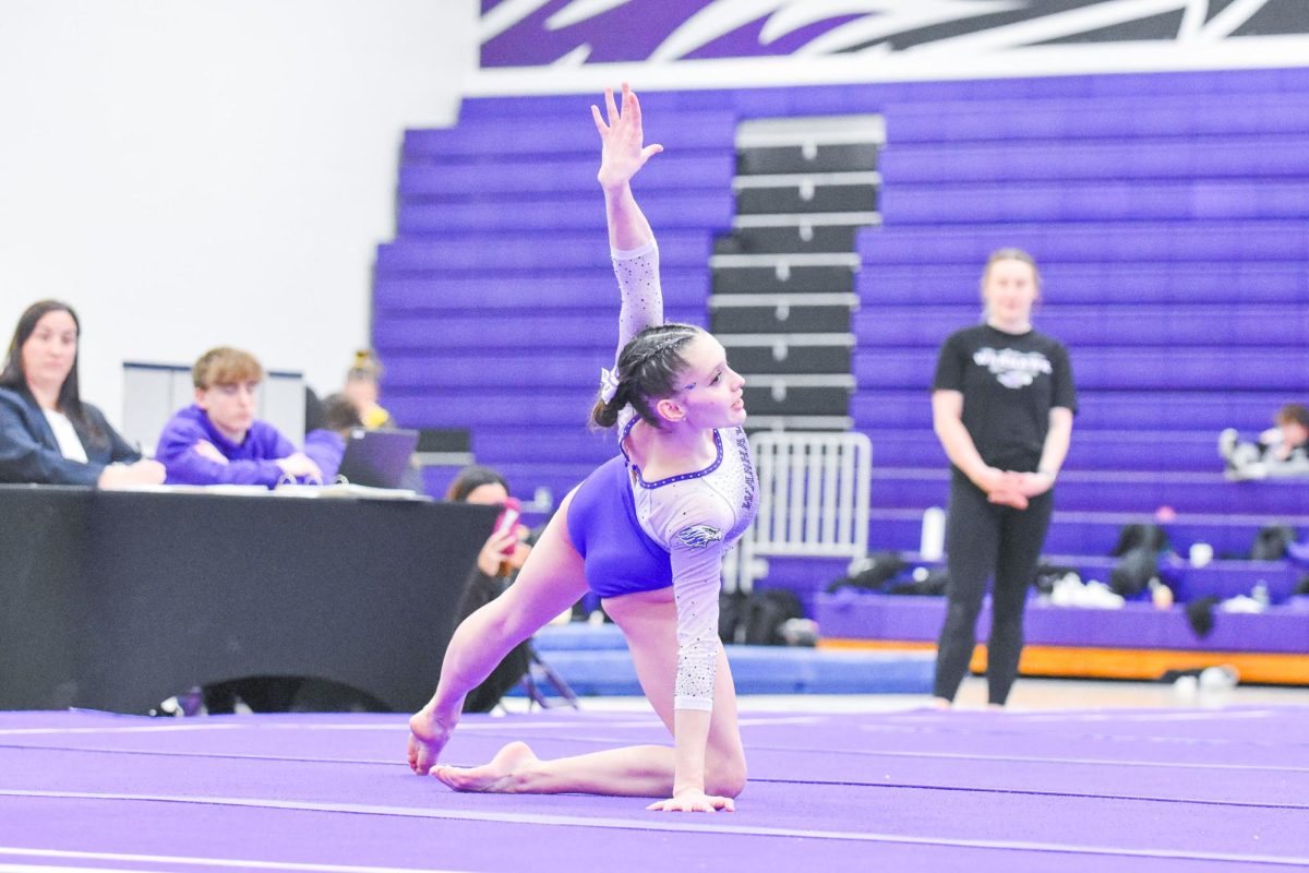 The UW-Whitewater Warhawk gymnastics freshman all-around Juliette Rider finishes her floor routine against Gustavus Adolphus College in the Kachel Gymnasium, Jan. 31, 2026.
