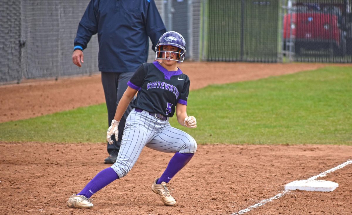 The UW-Whitewater Softball outfielder junior Warhawk Bella Eggert races around third looking at home as she makes her way around the bases against UW-Platteville, April 22, 2025 at the van Steenderen Complex.