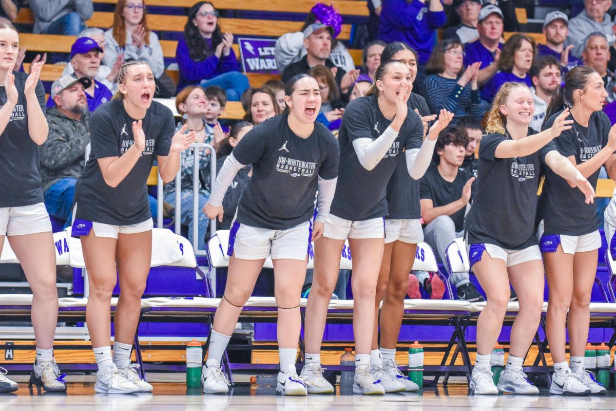 The UW-Whitewater Women’s Basketball Bench cheers as the team extends the lead against Transylvania University in the Kachel Gymnasium, March 6, 2026. 