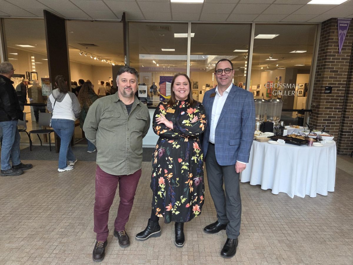 From left to right, Co-department chairperson Jared Janovec, Crossman Gallery director Ashley Gimmig, and Dean Mike Dugan attended the reception of the BA & BSE Senior Show April 7 at the Crossman Gallery.
