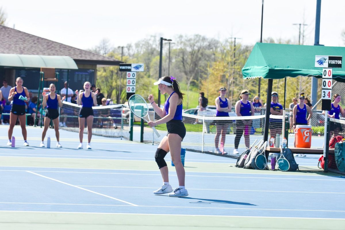 The UW-Whitewater Warhawk women’s tennis junior Alex Repplier celebrates as she takes down her UW-Stevens Point opponent in the WIAC conference semi-final, April 23, 2026, at the Warhawk Outdoor Tennis Complex.
