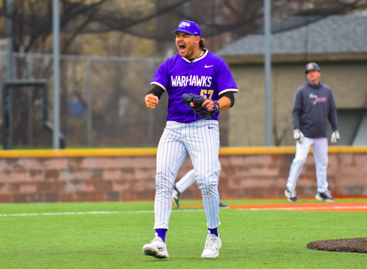 The UW-Whitewater Warhawk baseball junior pitcher Gradin Taschner celebrates after getting through five innings against UW-La Crosse at Prucha Field, April 3, 2026.
