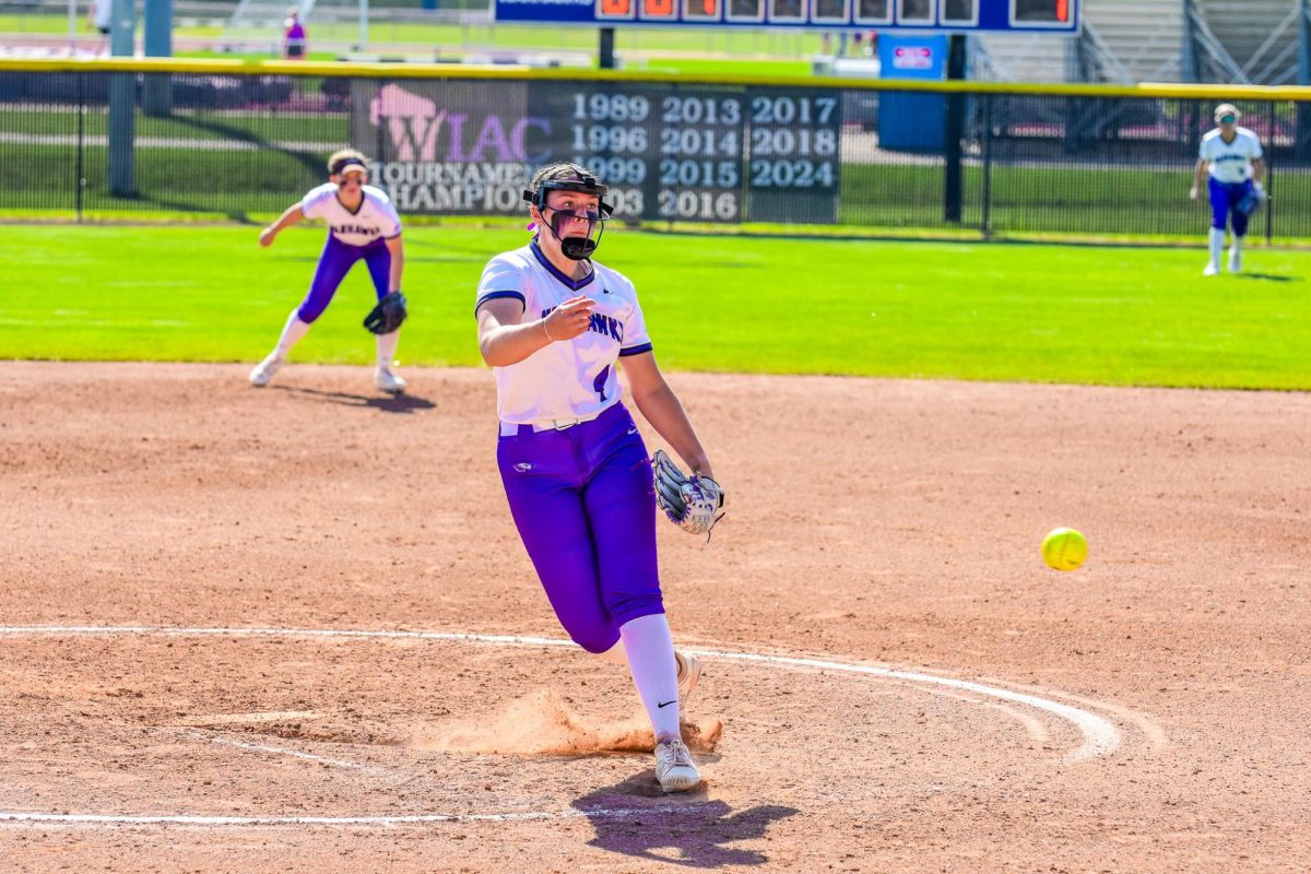 The UW-Whitewater Warhawk softball junior pitcher Josie Hammen gets ready to release a pitch against UW-Stout, April 22, 2026 at the van Steenderen Complex. 
