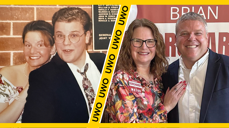 Brian Borchardt, a three-time UW-Oshkosh alumnus, celebrates his April 7 election as Neenah mayor with his wife, Lori (Zivkovich) Borchardt, left, a two-time UW-Oshkosh graduate. The couple first met as students at UW-Oshkosh, where Borchardt was a member of Delta Chi fraternity and Lori was part of Gamma Phi Beta sorority.  (UW-Oshkosh)
