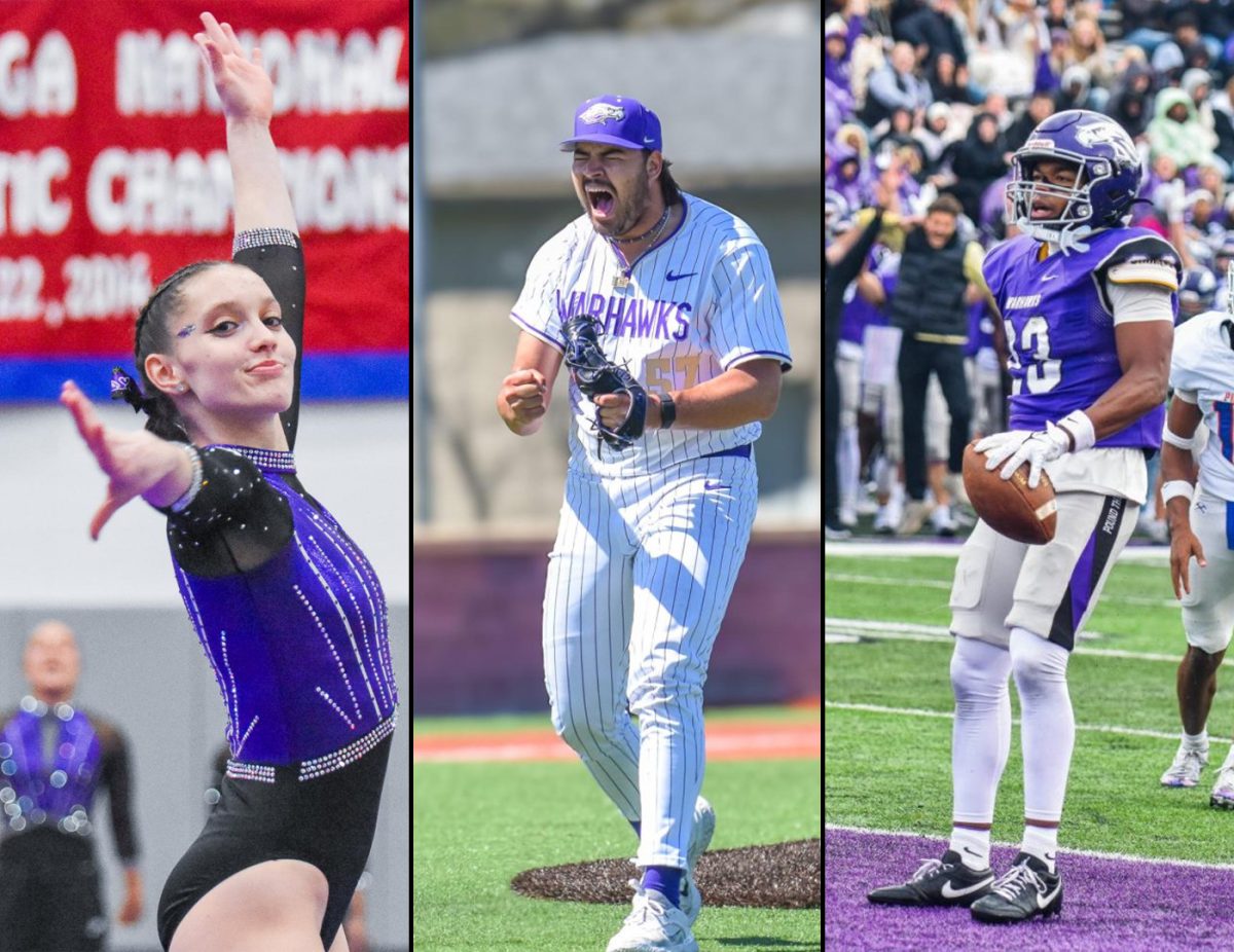 Gymnast Juliette Rider, pitcher Gradin Taschner, and wide receiver Jacques Brooks. (Photos by Charlie Clark, graphic by Chase Keller)
